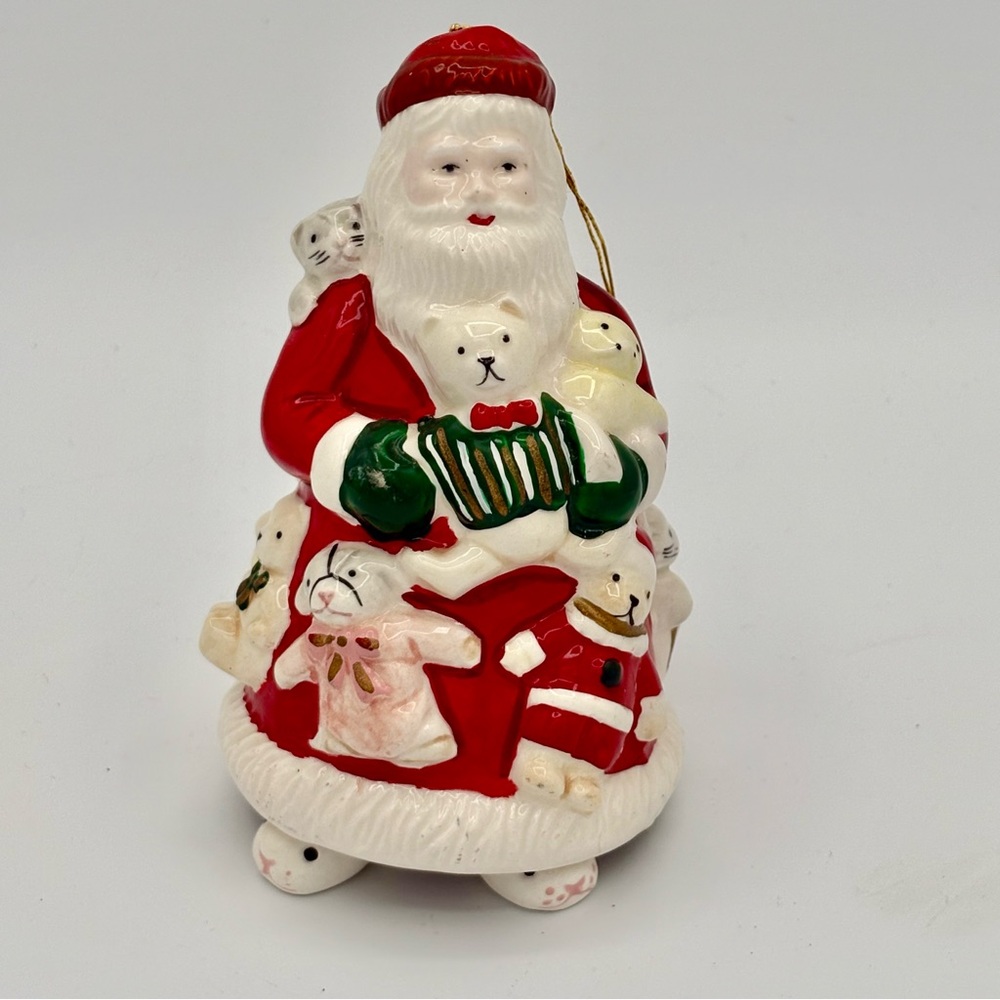 Vintage Napco Santa Claus Ceramic Bell w Bunny Slippers & Teddy Bears 6”